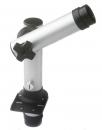 Preview: The image displays a metallic telescope tube mounted at an angle on a holder. It features a shiny silver surface, a black lens rim, and an adjustable mount.