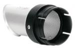 Preview: The image displays a silver exhaust with a black edge. At the front, there is a round, metallic grille insert visible that protects the opening.