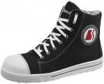 Preview: The shoe is a black, high-top fabric sneaker. It has white laces and a rubberized, round toe cap. On the side is a red logo with a white circle.