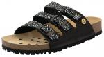 Preview: The sandal is black with three wide straps that display a white, plant-like pattern. The sole is light brown and has small holes for ventilation.