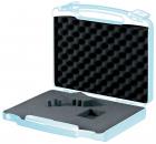 Preview: Das Bild zeigt eine offene, transparente blaue Box. Der Innenraum ist mit schwarzem Schaumstoff ausgekleidet, der eine gestanzte Struktur hat. Es gibt mehrere Schaumstoffformen für die sichere Aufbewahrung von Gegenständen.